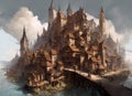 fantasy style storybook fairytale medieval town on an island with a causeway