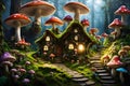 fantasy style storybook fairytale tiny mushroom village surrounded by moss in a forest