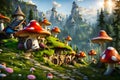 fantasy style storybook fairytale tiny mushroom village surrounded by trees and mountains