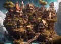 fantasy style storybook fairytale town on an island with characters outside houses and a boat
