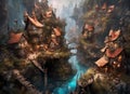 fantasy style storybook fairytale village with illuminated houses in a river valley