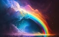 A Fantasy stylized picture depicts an atmospheric rain, with a vibrant rainbow stretching across the sky.