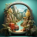 Fantasy suitcase with a natural tropical landscape. The concept of leisure and travel