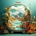 Fantasy suitcase with a natural tropical landscape. The concept of leisure and travel