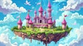 Fantasy summer landscape with royal palace and flying ground pieces in heaven with pink magic castle on floating island