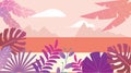 Fantasy sunset seascape background. Simple flat style design. Palm leaves and exotic tropical stylized plants. Template for summer