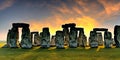 Fantasy sunset at Stonehenge with dramatic red sky.