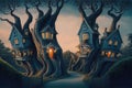 Fantasy surreal houses, fairytale vintage huts in trees trunks, illustration, generative AI Royalty Free Stock Photo