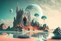 Fantasy surreal landscape in pastel colours digital, majestic landscape background