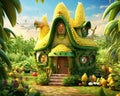 fantasy sweet corn-lookalike house in a frytale garden.