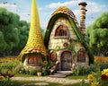 fantasy sweet corn-lookalike house in a frytale garden.