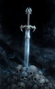 Fantasy sword on top of a skull pile. Royalty Free Stock Photo