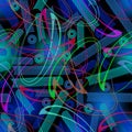 Fantasy techno background with curves and swirls. Green and blue decor on black area.