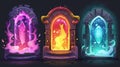 Fantasy teleport door to parallel dimension. Wizard doorway kit with vortex energy aura for fantastic adventure