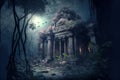 Fantasy temple in in jungle at night, old building ruins in tropical forest, generative AI Royalty Free Stock Photo