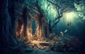 Fantasy temple in jungle at night, old building ruins in tropical forest, generative AI Royalty Free Stock Photo