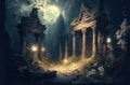 Fantasy temple in tropical forest at night, old building ruins in jungle, generative AI Royalty Free Stock Photo