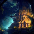 Fantasy temple in tropical forest at night, old building ruins in jungle, Surreal mystical fantasy artwork. Generative AI Royalty Free Stock Photo