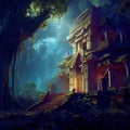 Fantasy temple in tropical forest at night, old building ruins in jungle, Surreal mystical fantasy artwork. Generative AI Royalty Free Stock Photo