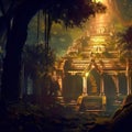 Fantasy temple in tropical forest at night, old building ruins in jungle, Surreal mystical fantasy artwork. Generative AI Royalty Free Stock Photo