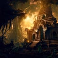 Fantasy temple in tropical forest at night, old building ruins in jungle, Surreal mystical fantasy artwork. Generative AI Royalty Free Stock Photo