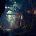 Fantasy temple in tropical forest at night, old building ruins in jungle, Surreal mystical fantasy artwork. Generative AI Royalty Free Stock Photo