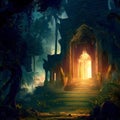 Fantasy temple in tropical forest at night, old building ruins in jungle, Surreal mystical fantasy artwork. Generative AI Royalty Free Stock Photo