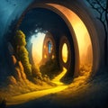 Fantasy temporary majestic stone portal to another world. Time Portal. Mysterious fantasy landscape, round arch, clock,