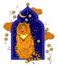 Fantasy Tiger Sitting On The Window. Illustration For Eastern Legend. Cover For Children Fairy Tale Book. Print For T-shirts And
