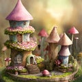 Fantasy tiny miniature mushroom shaped houses, children books cute illustration. Generative Ai