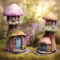 Fantasy tiny miniature mushroom shaped houses, children books cute illustration. Generative Ai