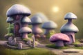 Fantasy tiny miniature mushroom shaped houses, children books cute illustration. Generative Ai