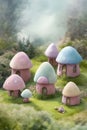 Fantasy tiny miniature mushroom shaped houses, children books cute illustration. Generative Ai