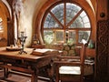 Fantasy tiny storybook style home interior cottage with rustic accents and a large round cozy window. Royalty Free Stock Photo