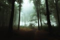 Fantasy trail in foggy forest. Strange light in the background through the trees