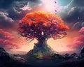 fantasy tree with big roots and birds in an orange landscape.