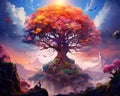 fantasy tree with big roots and birds in an orange landscape.