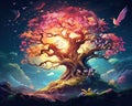 fantasy tree with big roots and birds in an orange landscape.