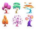 Fantasy tree. Fairytale garden plants glowing forest nature magic symbols exact vector cartoon collection isolated