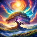 Fantasy tree in front of a starry sky with colorful clouds in the universe. AI