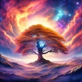 Fantasy tree in front of a starry sky with colorful clouds in the universe. AI Royalty Free Stock Photo