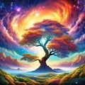 Fantasy tree in front of a starry sky with colorful clouds in the universe. AI Royalty Free Stock Photo