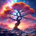 Fantasy tree in front of a starry sky with colorful clouds in the universe. AI Royalty Free Stock Photo