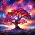 Fantasy tree in front of a starry sky with colorful clouds in the universe. AI Royalty Free Stock Photo