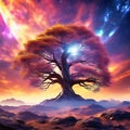 Fantasy tree in front of a starry sky with colorful clouds in the universe. AI Royalty Free Stock Photo