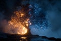 Fantasy tree glowing with contrasting fire and ice elements reflecting light at night Royalty Free Stock Photo