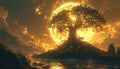 Fantasy tree on hill with glowing moon Royalty Free Stock Photo