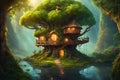 Fantasy tree house in deep forest. Royalty Free Stock Photo