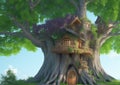 Fantasy tree house. Fairytale fantasy landscape, tree house. 3d-render, Raster illustration. Royalty Free Stock Photo