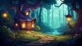 Fantasy tree house in the magical forest at night illustration AI Generated Royalty Free Stock Photo